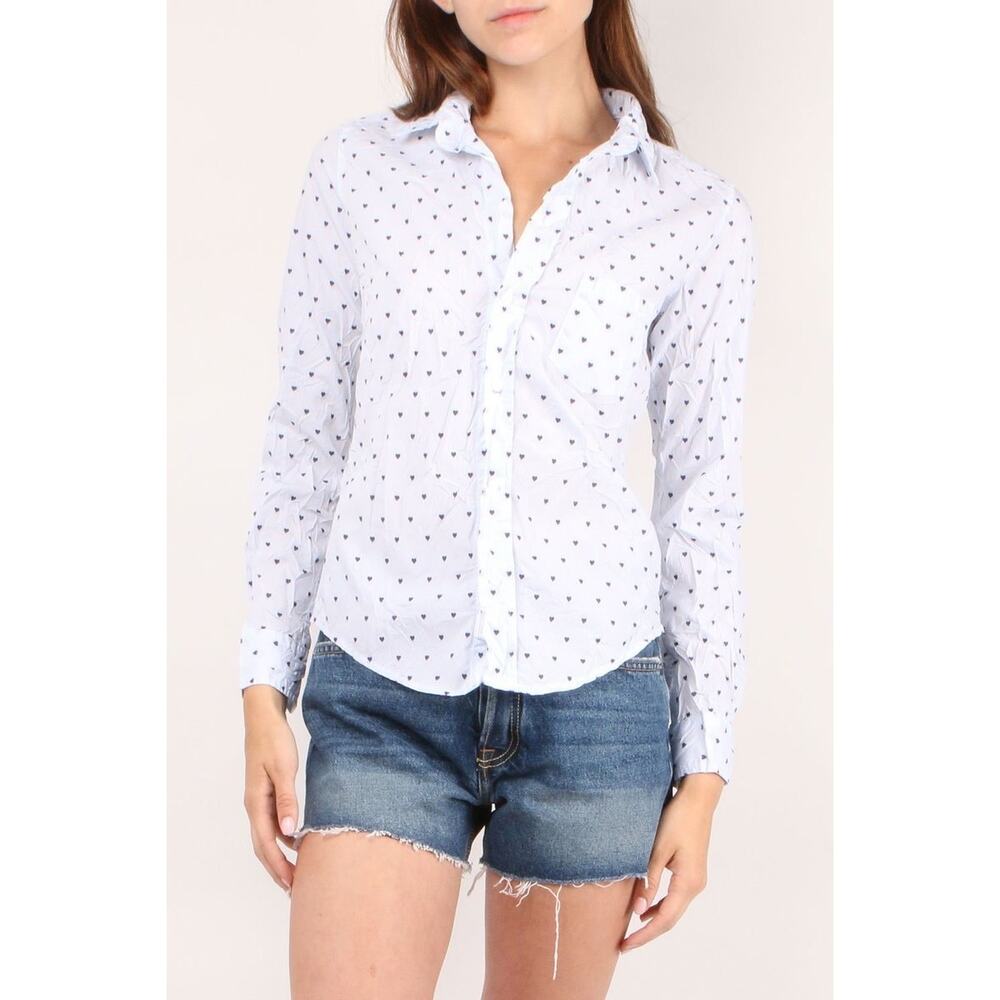 FRANK & EILEEN Barry Mini Heart/Blue Stripe Crinkle Poplin Button-Up Shirt Sz XS